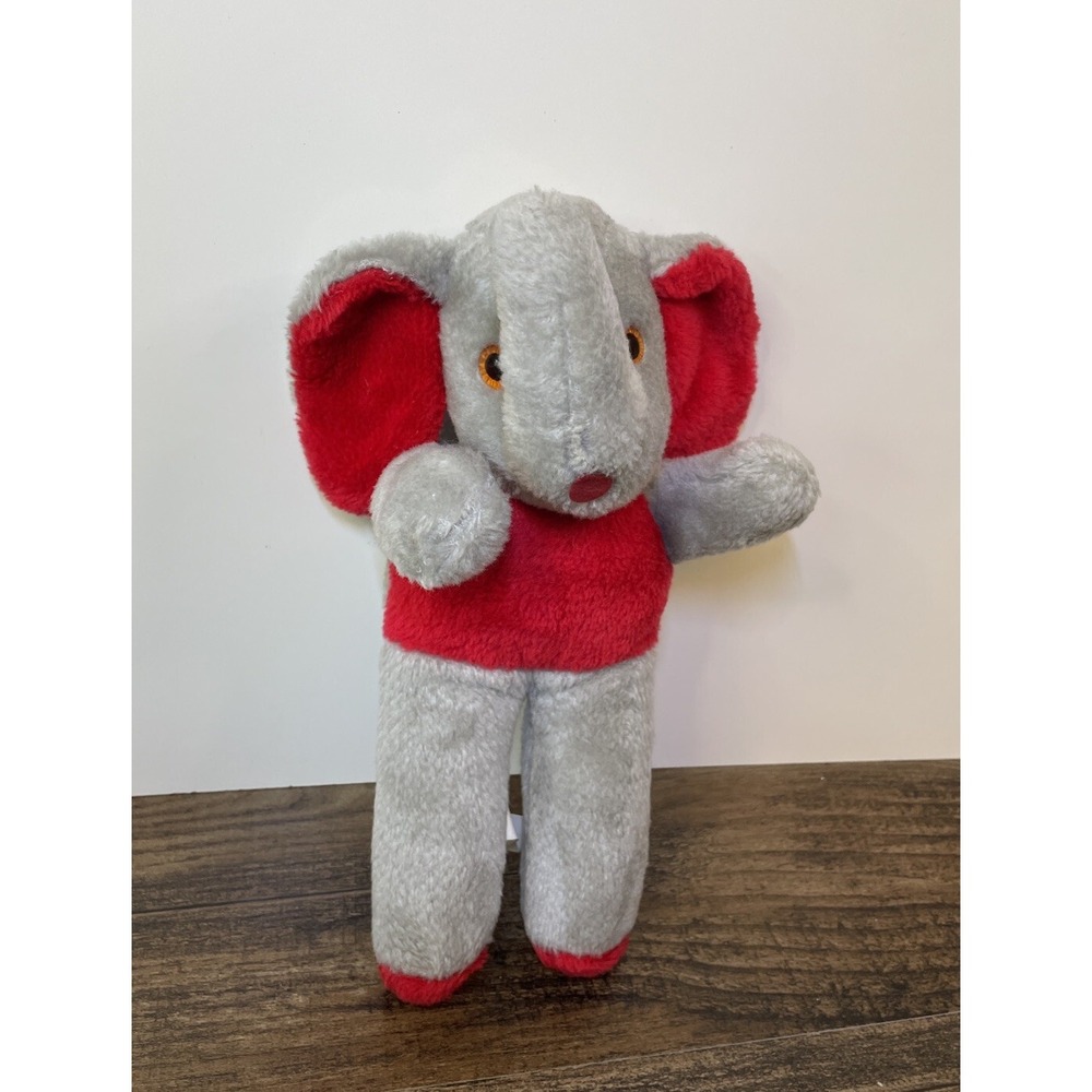 Vintage 11" Elephant Plush Great And Red Gold Button Hard Eyes Standing